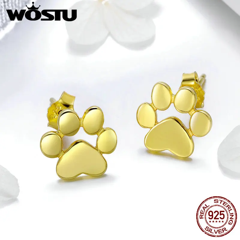 WOSTU, Новое поступление, 925 пробы, серебро, золото, собачьи следы, девчачьи серьги-гвоздики для женщин, настоящее ювелирное изделие, подарок FIE407