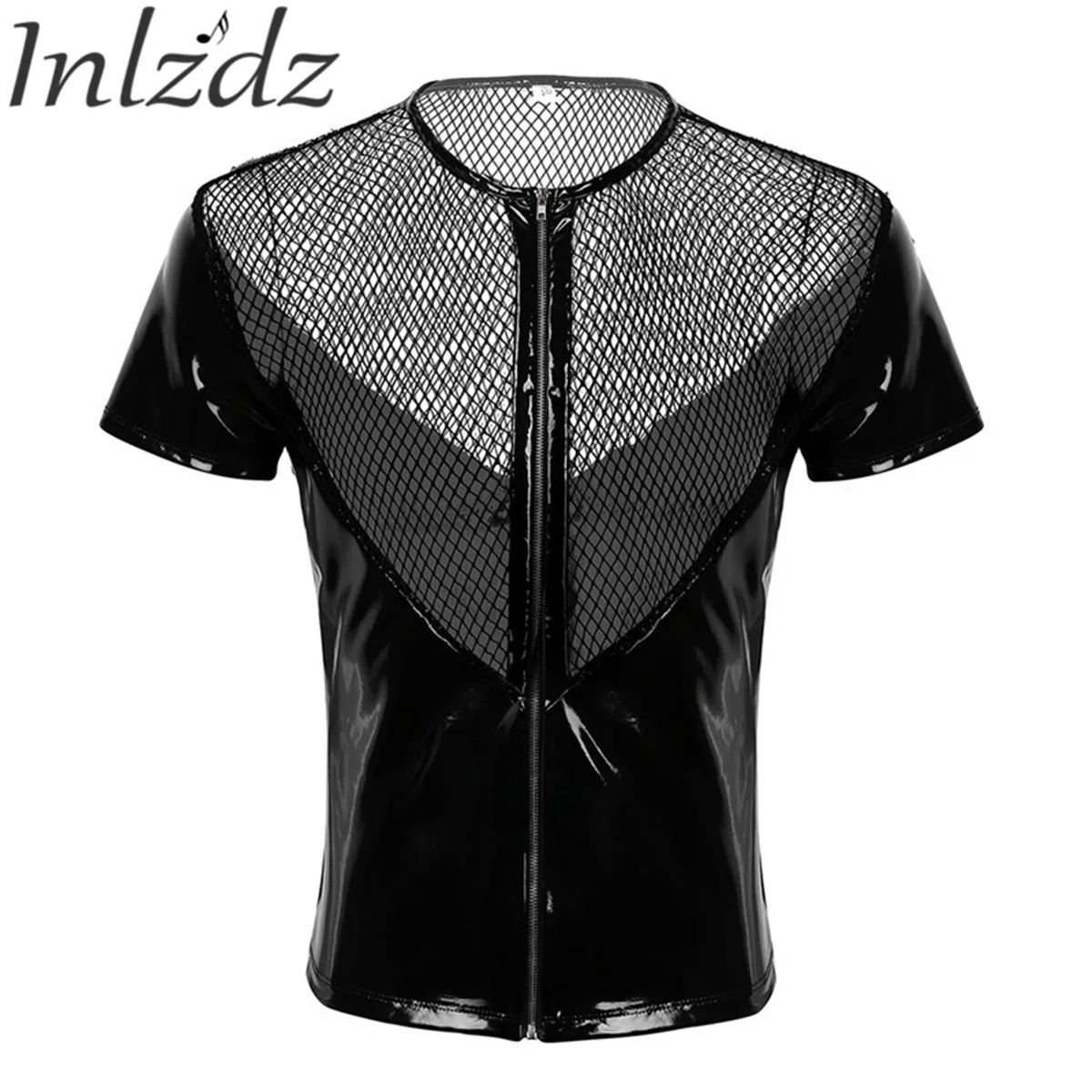 

Leather Harness Men T-Shirt Shiny Metallic Top Short Sleeves Fishnet Top Wet Look Gay Leather Harness Crop Tops Coat Clubwear