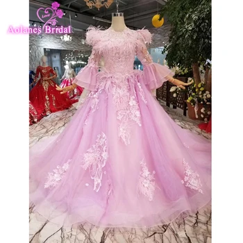 

Custom Made Puffy Long Sleeves Purple New Collection Quinceanera 15 Years Vestidos De 15 Anos Feathers Blush Quinceanera Dresses