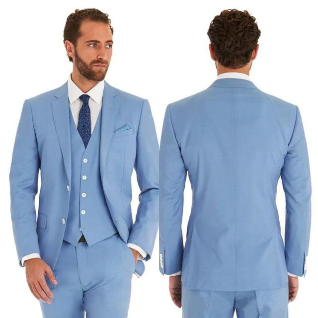 

Custom Sky Blue Slim Fit Men Suits 2019 Handsome Wedding Groomsman Party Tuxedos Best Man Prom Wear(Jacket+Pants+Vest)