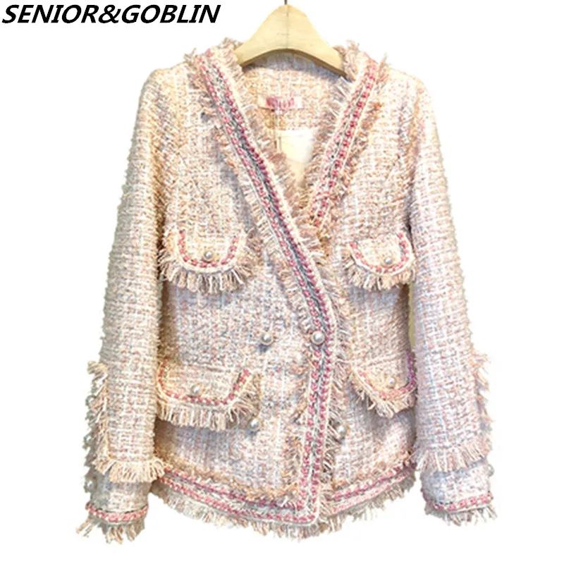 

Autumn Winter New Arrival Black Tweed jacket Coat Women's Fashion Elegant Long Sleeve Slim Tassel Pearl Button Work Outerwear