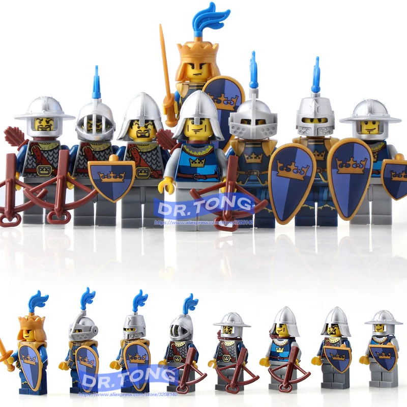 

DR.TONG 8pcs/lot Medieval Castle Kingdoms Blue Crown Knights Rider Solider Shield Sword Building Blocks Diy Toys AX9803