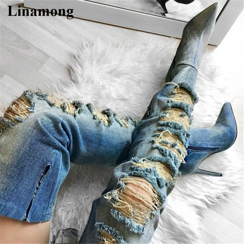 Mujeres 2018 Agujeros Ocasional Nueva Más Material Tacones Finos Manera Única Botas Denim Personalidad La Con rCwqrX1