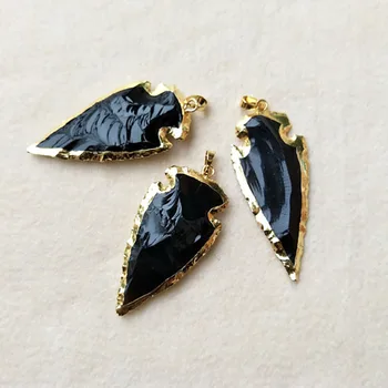 

5pcs Large Obsidian Arrow Pendants,with Rhinestone Gold color Rough Arrowheads Gems Stone Charm Jewelry Necklace Making PD265