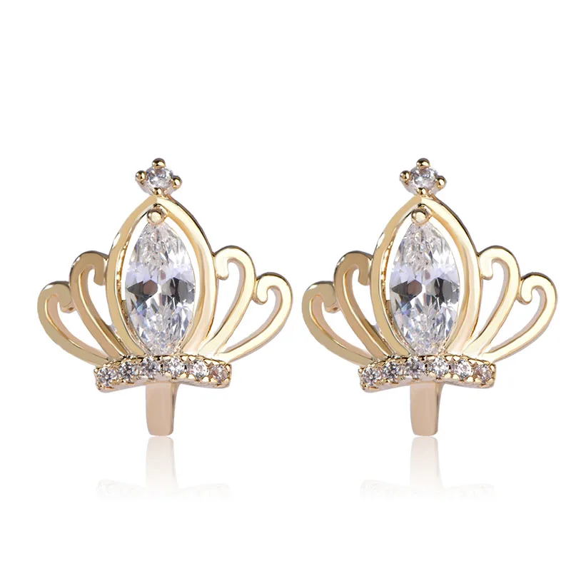 

Top Quality Copper Crown Shape Earrings For Women Girls Gold Color Ear Clip Piercing Fine Stones Boucle D'oreille Femme Jewelry