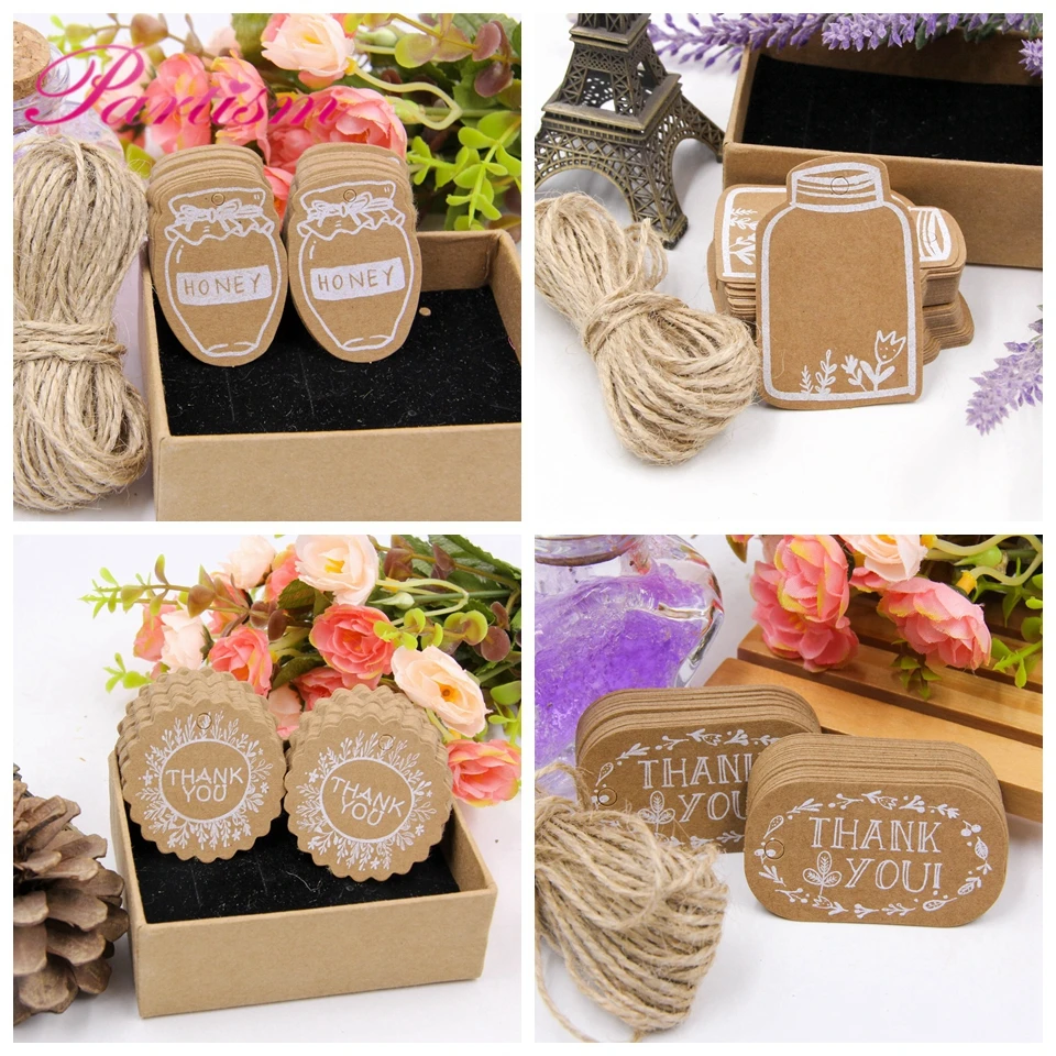 50PCS Kraft Paper Tags DIY Handmade/Thank You Multi Style Crafts Hang Tag With Rope Labels Gift Wrapping Supplies Wedding Favors