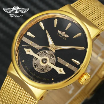 

WINNER Classic Golden Mens Watches Mechanical Watch Mesh Strap Skeleton Dial Luxury Design Wristwatches Clock Relogio Masculino