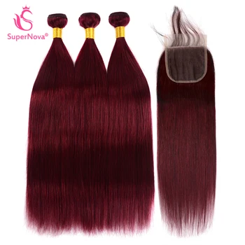 

Supernova Burgundy Hair Brazilian Straight Hair Bundles With Closure 99J Color 100% Human Hair 3 Bundles With Closure Remy Hair