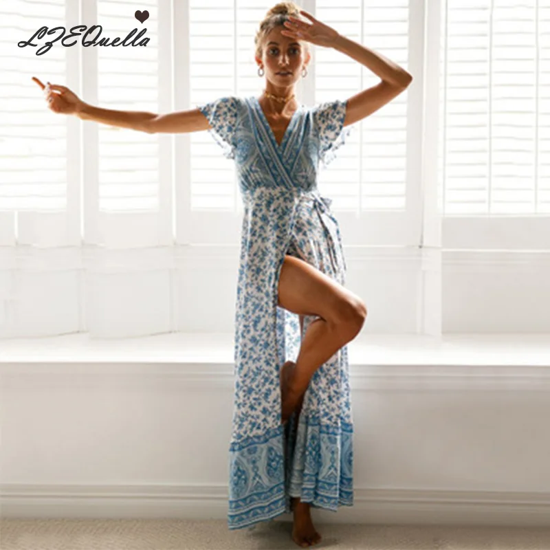 

Women Floral Print Boho dress Deep V Neck Short sleeve Long dresses femme Summer holiday beach Sashes Split sundress