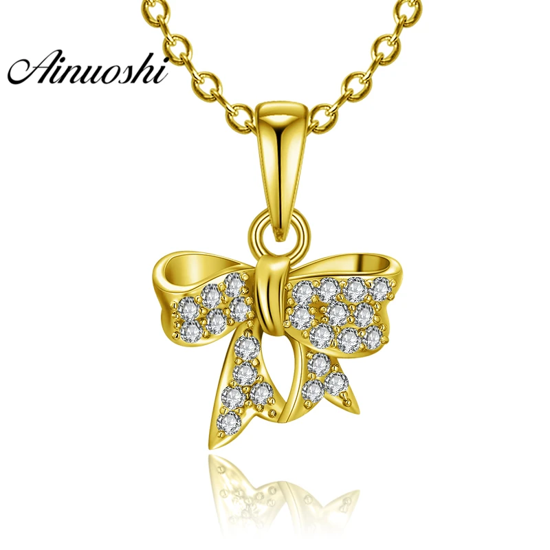 

AINUOSHI 10K Solid Yellow Gold Pendant Ribbon Pendant SONA Stimulated Diamond Women Men Jewelry Cute Bow knot Separate Pendant