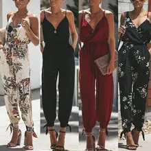 Женский комбинезон без рукавов с цветочным рисунком в стиле ретро, сексуальный комбинезон с v-образным вырезом и завязками, комбинезоны с высокой талией, длинные штаны с разрезом по бокам, комбинезон с карманом
