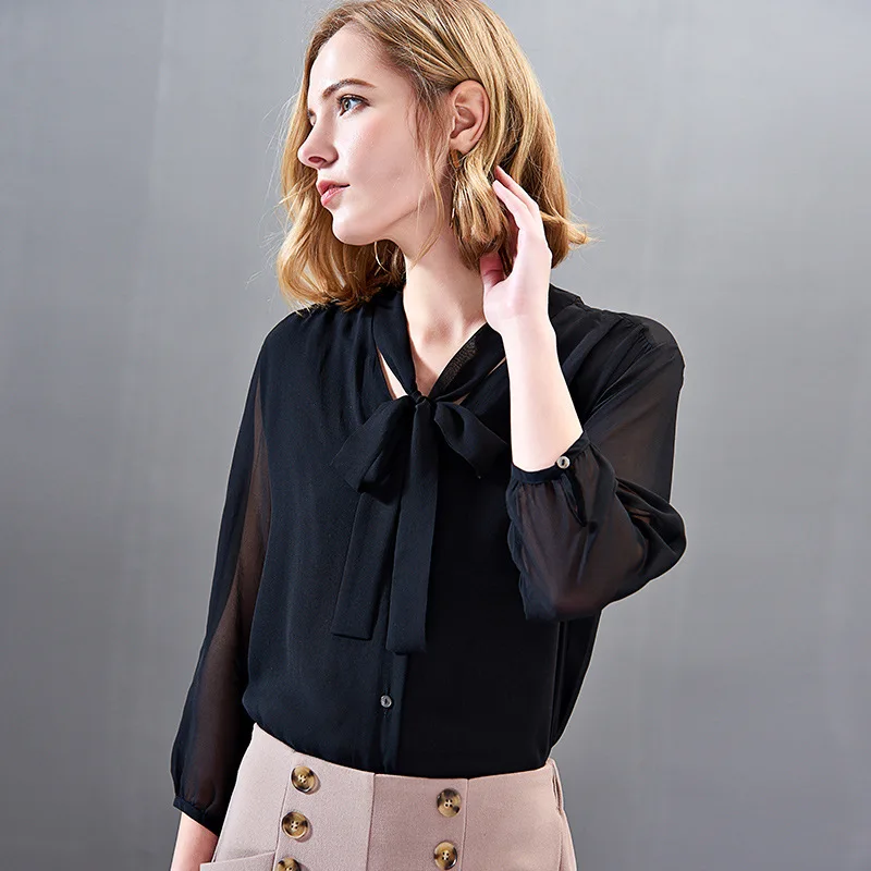 

2019 Spring Women's New Black Color Luxury Real Silk Blouse Women OFFICE LADY Elegant Shirts with Bowtie