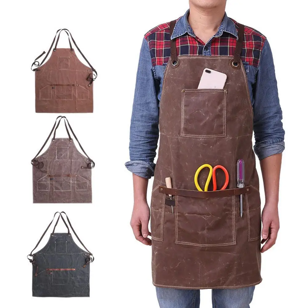 1Pc Waterproof Unisex Waxed Pockets Canvas Apron for Woman Men Chef ...