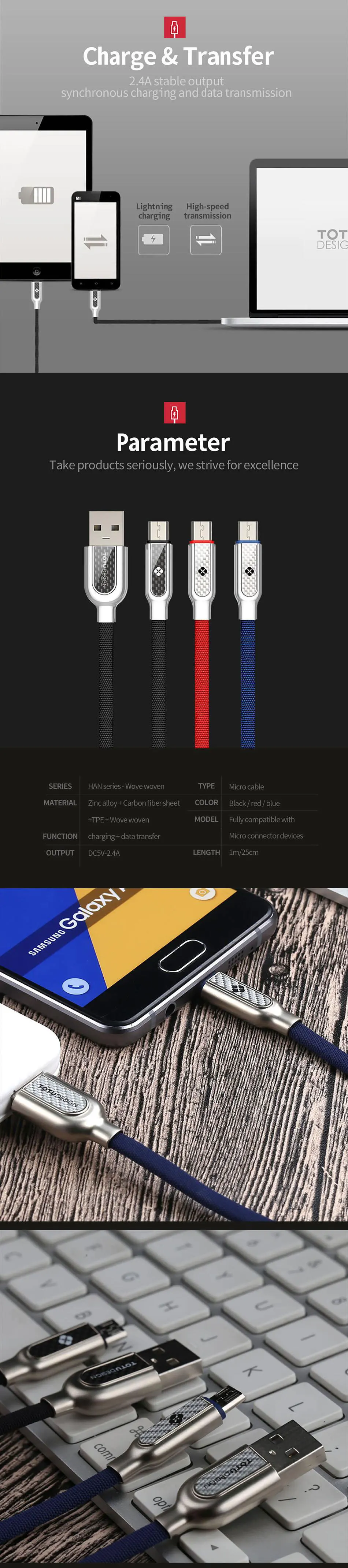 Кабель Micro USB TOTU для samsung, Xiaomi, huawei, 2.4A, быстрая зарядка, синхронизация данных, Microusb, кабели для зарядки, Android, кабель для мобильного телефона