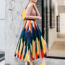 Новая Весенняя и Летняя женская юбка модная трапециевидная цветная плиссированная юбка с принтом Геометрическая длинная юбка