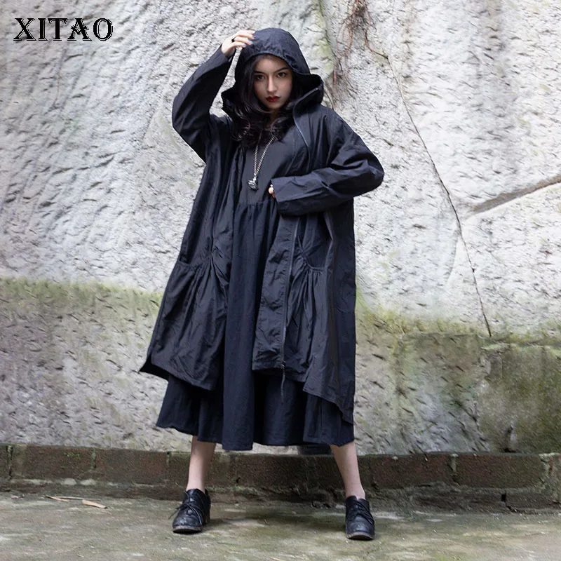 

[XITAO] 2019 Spring New Korea Fashion Women Hooded Collar Full Sleeve Loose Coat Female Solid Color A-line Long Trench WBB2562