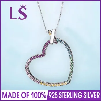 

LS 2018 New 100% 925 Sterling Silver Multi-Colored Crystals Heart Necklace Women Original Fine Jewelry Women Christmas Gifts.