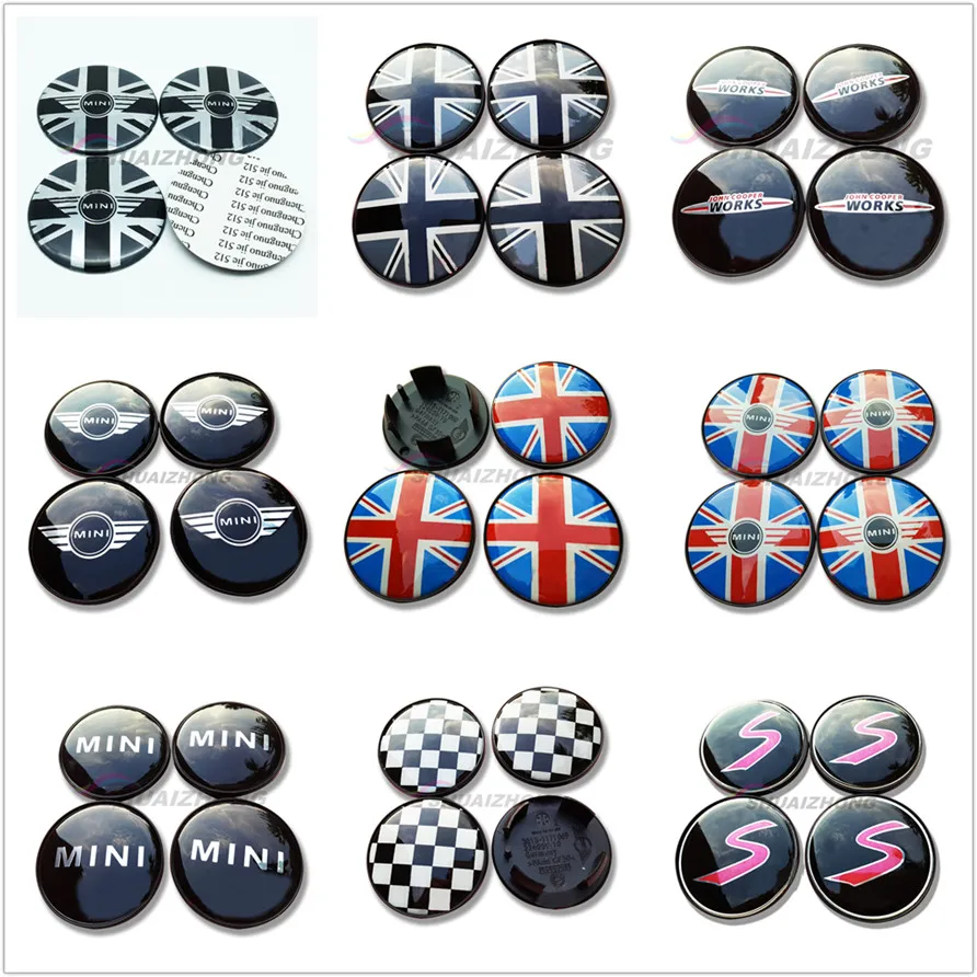 

4 pcs 52mm 54mm colorful England Flag MINI WORKS S Car Wheel Center Hub Cap Badge wheel Dust-proof covers logo 3D Stickers Decal