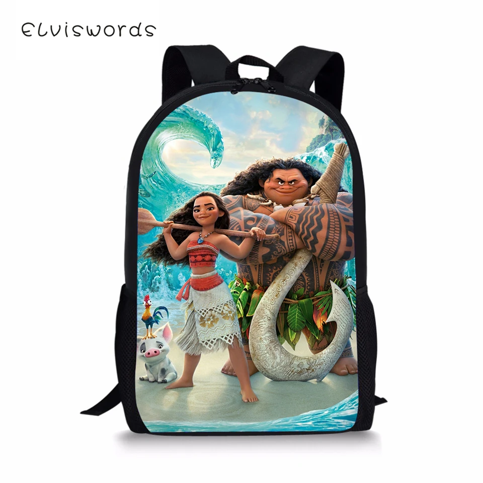 

ELVISWORDS Fashion Children's Backpack Cartoon Moana Prints Pattern Kids Backpack Kawaii Design Toddler Primary School Book Bags