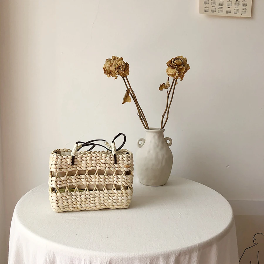 

Fashion drawstring straw bag women's handbags Hollow Out handmade straw knit women's shoulder bags Summer Wild woven bucket bag