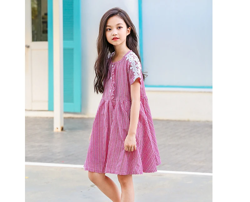 teenage girls dresses with lace crochet floral red blue plaid preppy style little girls dress 2018 summer children dress baby (3)