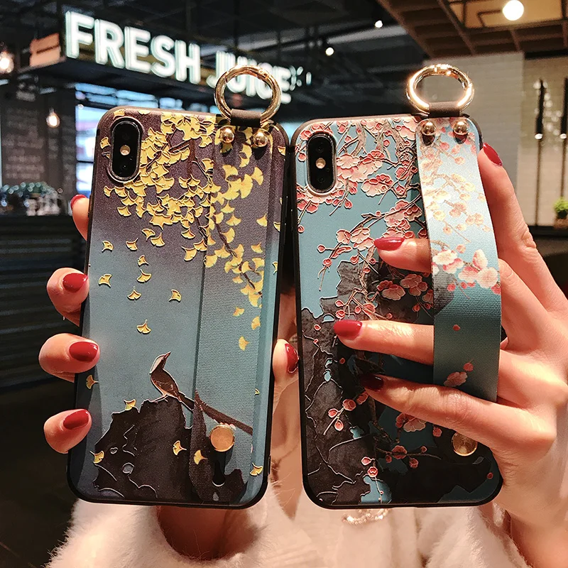 SoCouple ремешок на запястье Мягкий ТПУ чехол для iphone 7 8 6 6s plus чехол для iphone X Xs max XR 11 Pro Max листья держатель для телефона чехол