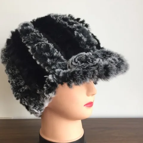 grey black Женские шапки с козырьком из натурального меха кролика Рекс, женские зимние теплые шапки, модная Натуральная меховая заколка,, KNT404 - Цвет: grey black