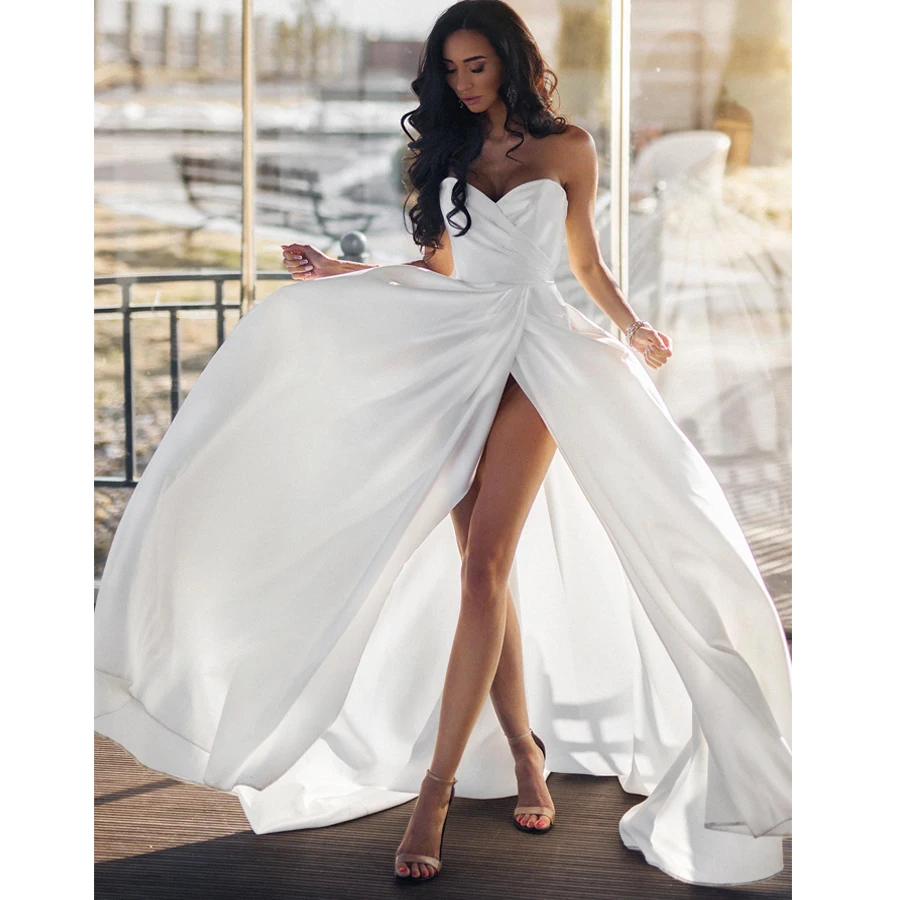 

2019 Simple Plain Beach Wedding Dresses Plus Size Sexy Sweetheart Sleeveless Side Slit Bridal Gowns Vestido De Noiva