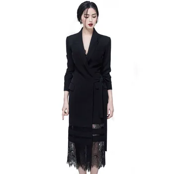 

Women Lace Dress Office Blazer Black Midi Dress Elegant Formal Wear 2019 Double Breasted Jacket Suit Sexy Suit Lady Long Dresses
