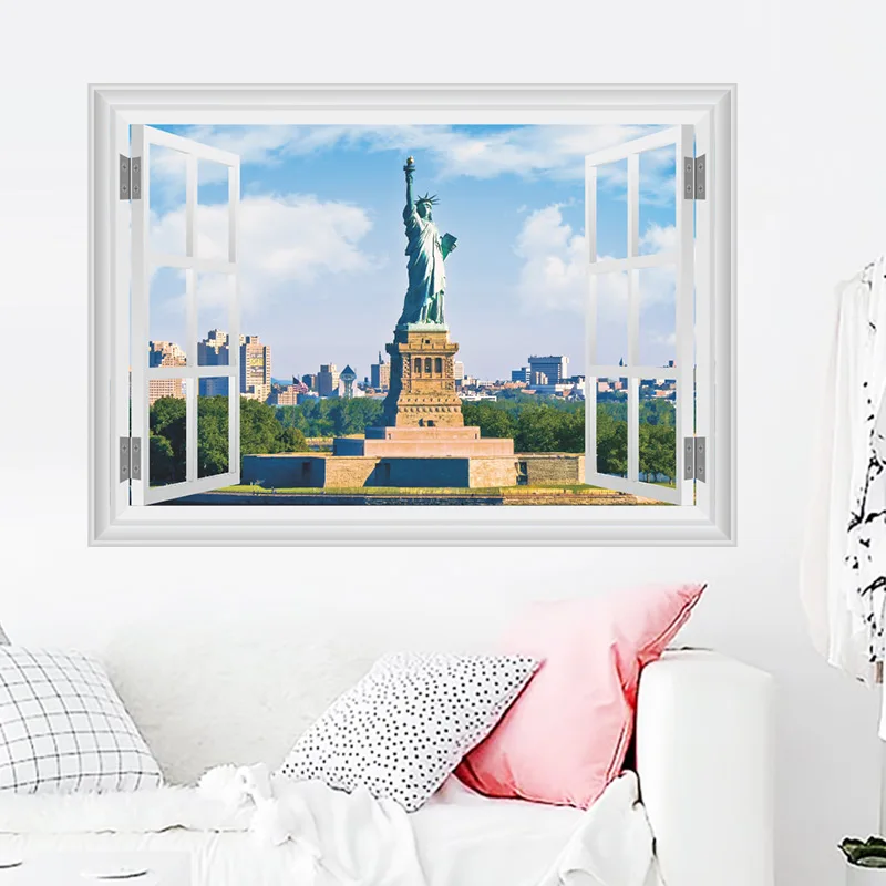 

United States New York Statue of Liberty Wall Stickers Home Decoration Living Room 3D Window Scenery Wall Decal PVC Mural Poster