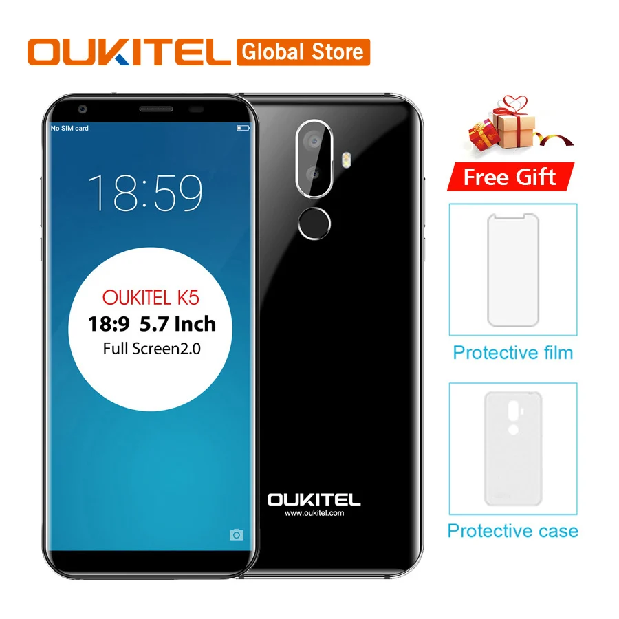 Oukitel K5 18:9 дисплей 5,7 ''HD Android 7,0 2 Гб ОЗУ 16 Гб ПЗУ MTK6737 четырехъядерный 13 МП 3 камеры 4000 мАч отпечаток пальца мобильный телефон