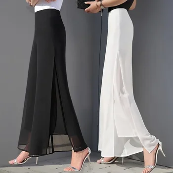 

ZOGAA Womens Summer Wide Leg Long Trousers Casual Vintage High Waist Chiffon Side Split Loose Bohemia Skirt Pants Office Lady