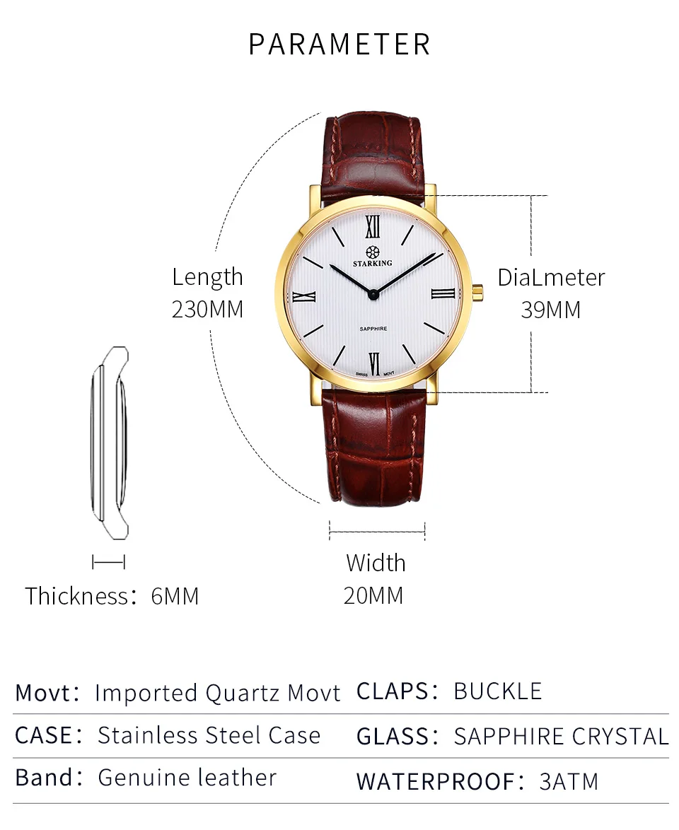 Старкинг Япония кварцевые часы мужские модные топ бренд все черные натуральная кожа сапфир Бизнес наручные часы Ретро Мужские часы 3ATM
