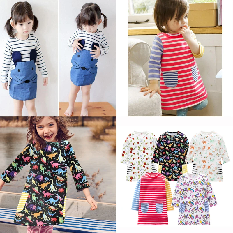 

Striped Patchwork Character Girl Dresses Long Sleeve Cute Mouse Children Clothing Kids Girls Dress Denim Kids Baby Girl Clothes