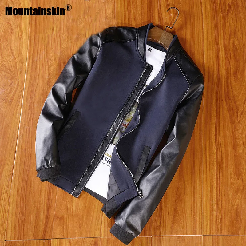 Goede Mountainskin Nieuwe Jas mannen PU Patchwork Jassen Lente Herfst Faux Lederen Jas Slim Fit Mode Mannelijke Motorfiets Jassen SA678