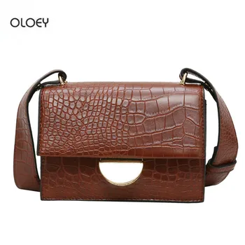 

OLOEY Women's Stone Square Bag Shoulder Bag Wide Shoulder Strap Bag Metal Round Buckle Crocodile Leather Pattern Ladies bag