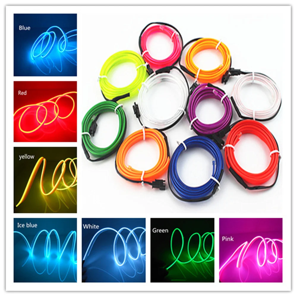 1m 3m 5m Car 12V LED Cold lights Flexible Neon EL Wire Auto Lamps on Car