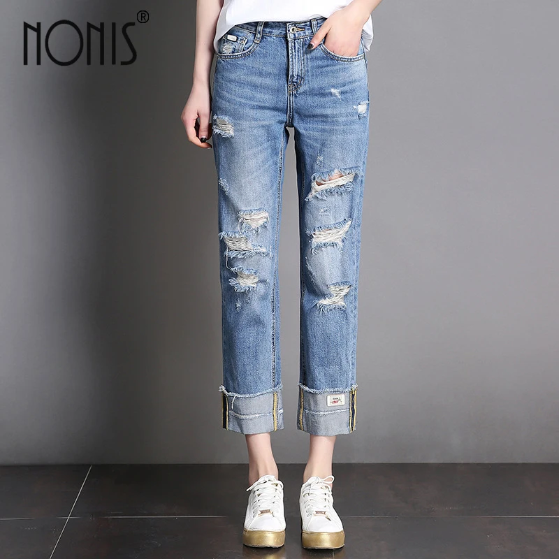 

Nonis 2017 jeans woman denim ripped jeans broken femme Loose trousers plus size 32 wide leg Hole mujer jeans boyfriend Style