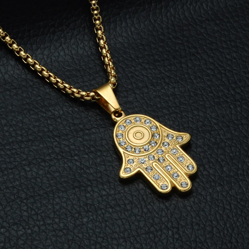 

Bling Ice Out Stainless Steel Hamsa Hand for Men Women Necklace Fatima Palm Pendants Necklaces HIP Hop Jewelry