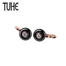 Мода 585, круглые женские серьги-гвоздики из розового золота, белый, черный, керамический Кристалл, милые ювелирные изделия для девушек, серьги, подарки на Рождество