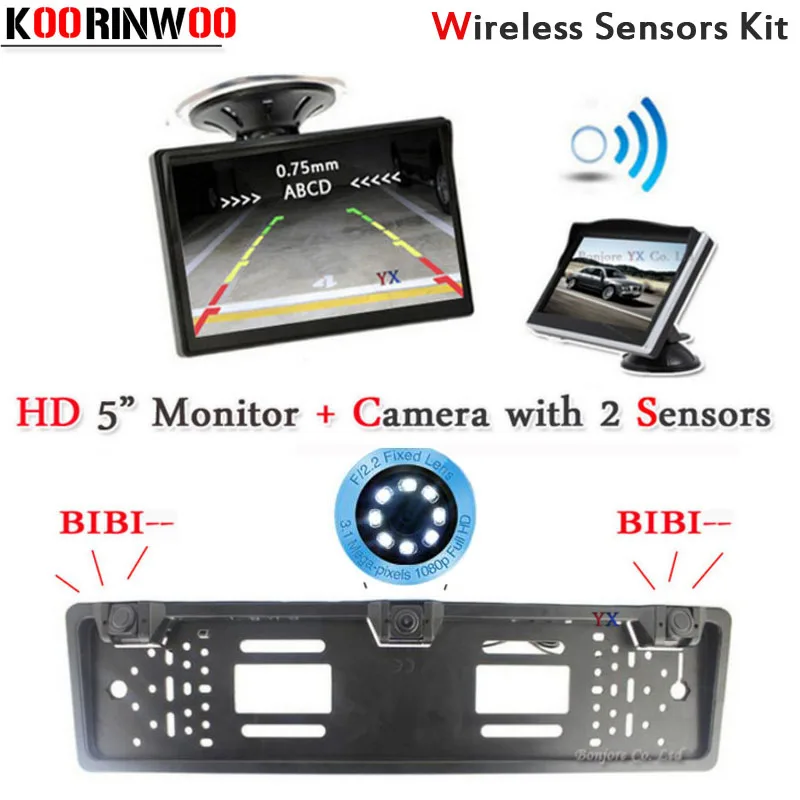 

KOORINWOO Wireless Parktronic parking Sensors Buzzer EU European License Plate Frame Car Rear view camera Monitor Stucker Style