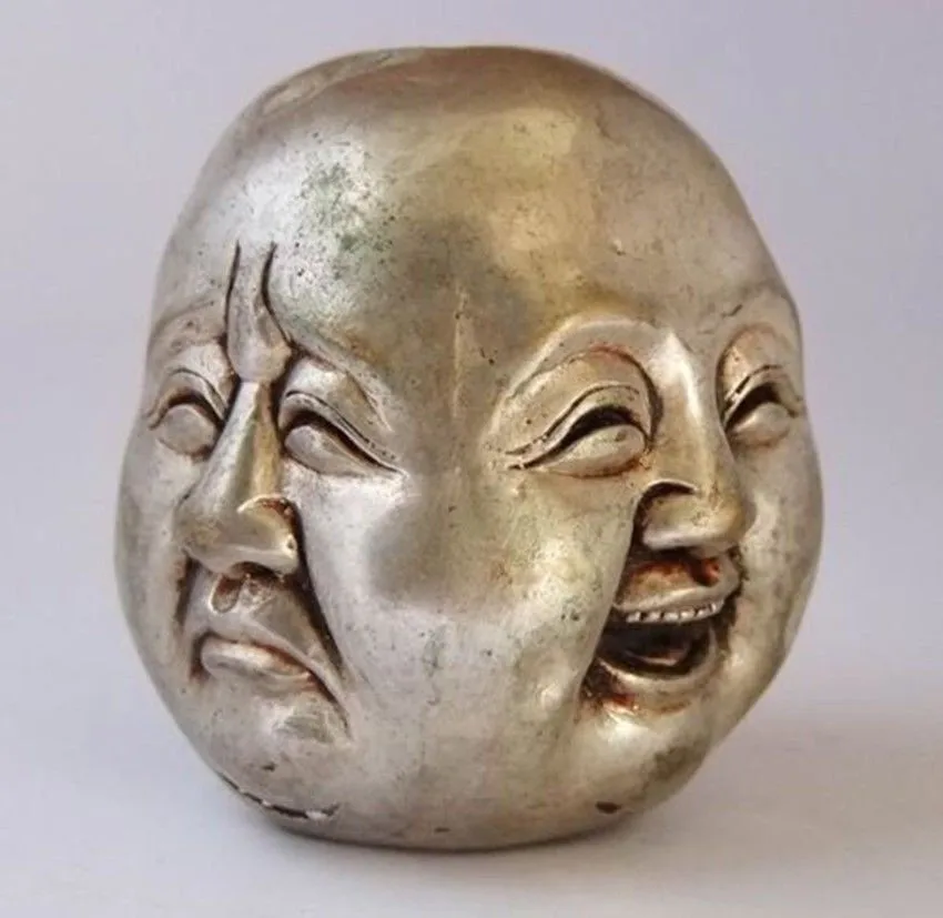 China tibet silver carved four face buddha head statuestatue head