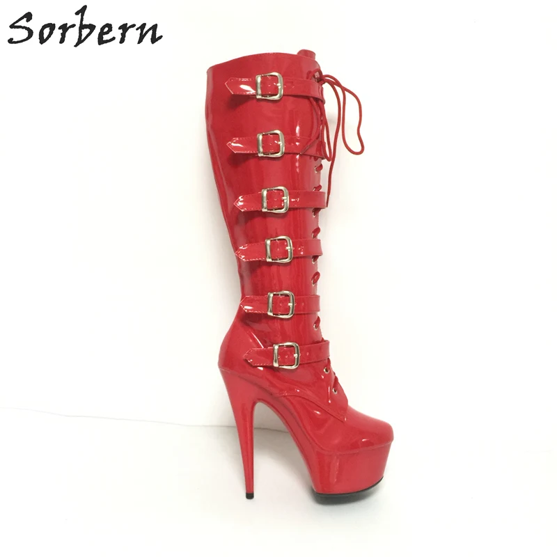

Sorbern Red Shiny 15Cm High Heel Ladies Boot 44 Long Boot Woman 5cm Platform Buckles Wrapped Punk Style Shoes Custom Colors