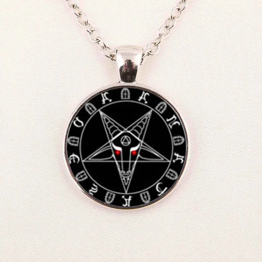 

2019 New Glass Necklace Satan With Ball Chain Necklace Satanic Symbol Satan Worship Pendant round glass necklace