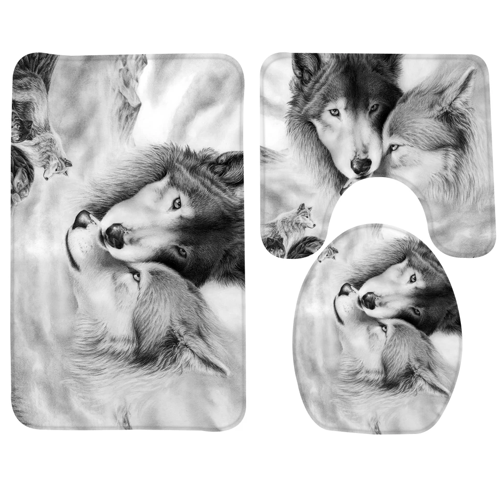 

3pcs Bathroom Rug Set Wolf Couple Pattern Bath Mat Anti Slip Shower Mat and Toilet Mat Sets