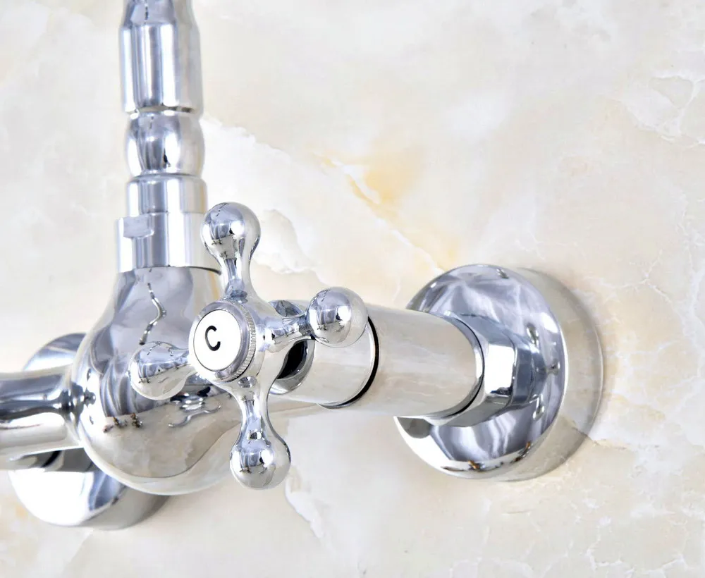 Polished Chrome Brass Wall Mount Bathroom Basin Kitchen Sink Faucet Swivel Spout Mixer Tap Dual Cross Handles Levers anf576