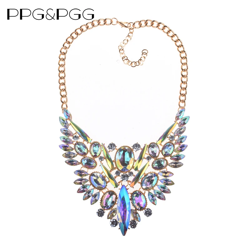 

PPG&PGG New Fashion Charm Jewellery Multicolor Statement Rhinestone Necklace Gold Color Chain Choker Bib Necklaces Pendants
