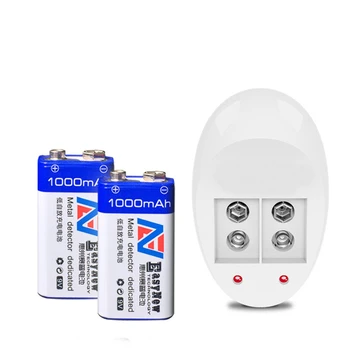 

2pcs 9V 1000mAh rechargeable lithium-ion battery for metal detector 6F22 rechargeable lithium battery + 1PCS 9V smart charger