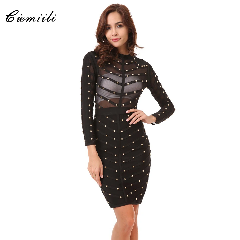 Koop CIEMIILI 2018 Jurk Vrouwen Nieuwe Avondfeest Bandage Jurk Stretch Mesh knielange Lange Mouwen Designer Runway Bodycon Jurk