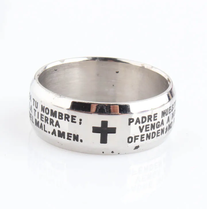 

Hot Fashion Punk Personality Men Titanium Stainless Steel Black Bible Words The Lord's Prayer Cross Ring Finger Rings 8mm